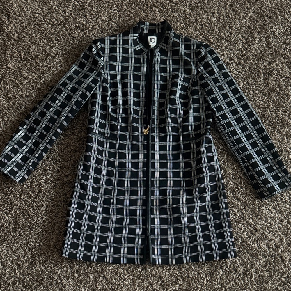 Anne Klein Black and Gray Plaid Coat